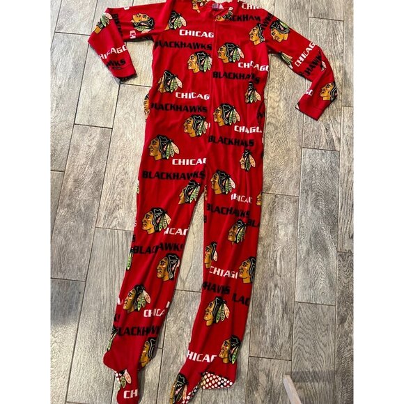 Chicago Blackhawks Pajamas PJ Romper size Medium One Piece Pockets NHL Hockey - Picture 1 of 9
